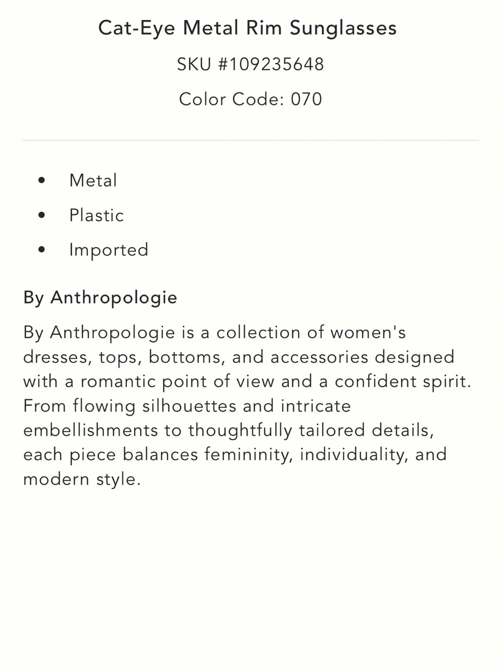 Anthropologie Cat-Eye Metal Rim Sunglasses